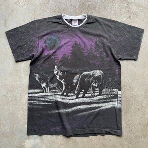 1991 Wolves Snowy Nature All Over Print T-Shirt Size: Large USA Made Anvil